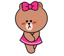 a brown bear with a pink bow on its head is wearing a pink skirt .