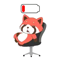 a cartoon of a red panda sitting in an office chair with a low battery