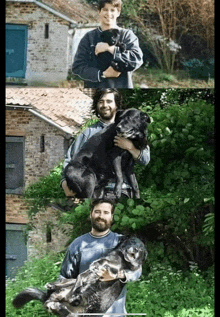 a man is holding a black dog in his arms in front of a brick building