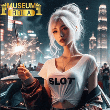 a woman holding a sparkler in front of a museum bola logo