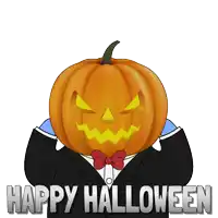a pumpkin in a tuxedo with the words happy halloween behind it