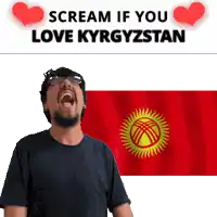 a man is screaming in front of a flag with the words scream if you love kyrgyzstan