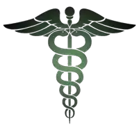 a green caduceus medical symbol with wings and snakes