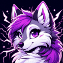 a cartoon husky with purple hair and lightning in the background .