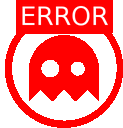 a red circle with a ghost and the word error