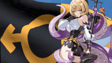 a girl with purple tentacles is standing in front of a flag with an arrow pointing to the right