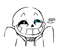 a black and white drawing of a skeleton with blue eyes and the word pfft written below it