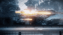 a computer generated image of a futuristic scene with a fence in the foreground
