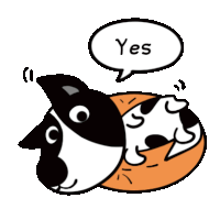 a black and white dog with a speech bubble saying yes