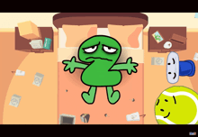 a green cartoon character laying on a bed next to a tennis ball with a face on it
