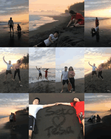 a collage of photos of people on a beach with the word seta tesa written in the sand