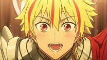 a close up of a boy with yellow hair and red stripes