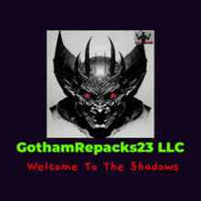 a logo for gotham repacks23 llc with a picture of a demon with red eyes