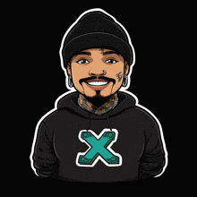 a cartoon of a man wearing a black hoodie with the letter x on the front