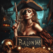 a woman in a pirate outfit holds a gun and a sign that says balon168