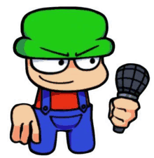 a cartoon character is holding a microphone and wearing overalls .