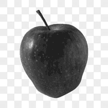 it is a black apple with a stem on a transparent background .