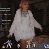 a girl in a white dress is dancing in front of a screen that says cute dress