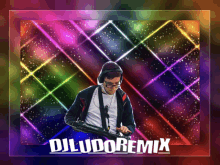 a dj is playing a pioneer mixer in front of a colorful background that says djludoremix