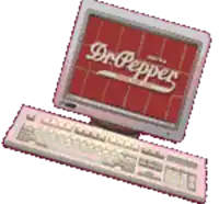 a computer monitor with a dr pepper logo on it