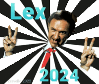 a man in a suit and tie giving a peace sign with the word lex 2024 behind him