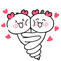 a cartoon drawing of two people hugging each other with hearts surrounding them