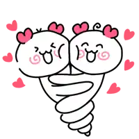 a cartoon drawing of two people hugging each other with hearts surrounding them