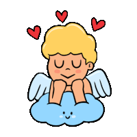 a cupid is sitting on a cloud with his eyes closed and hearts above him .