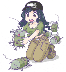 a cartoon of a girl kneeling down with a bunch of bugs