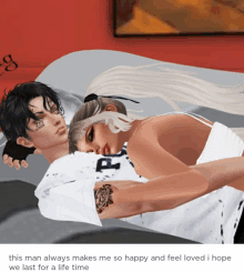 a man and a woman laying on a bed with the man 's shirt saying r.