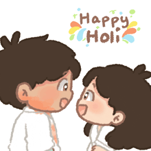 a boy and a girl are looking at each other with the words happy holi written on the bottom