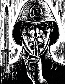 a black and white drawing of a soldier holding his finger to his lips