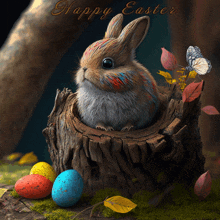 a colorful bunny is sitting in a tree stump with easter eggs and leaves