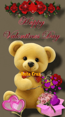 a teddy bear is holding a heart with the words happy valentines day written above it