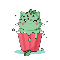 a green cat is sitting in a red bucket with a drop of liquid coming out of it