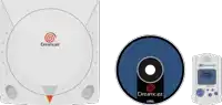a dreamcast console and a dreamcast cd sit next to each other