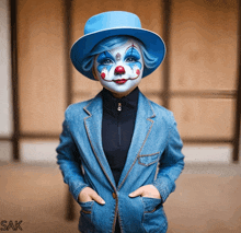 a clown wearing a blue hat and a blue jacket has the letters sak on the bottom