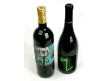 two bottles of wine one of which has a green label with the letter z on it