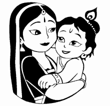 a black and white drawing of a woman holding a baby krishna .