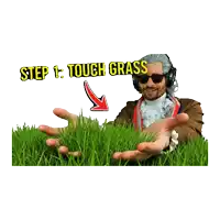 a man wearing sunglasses and headphones is holding a patch of grass that says step 1 touch grass