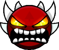 a cartoon drawing of a red ball with horns and teeth