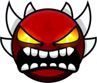 a cartoon drawing of a red ball with horns and teeth