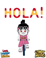 a cartoon of a girl riding a bike with the word hola written above her