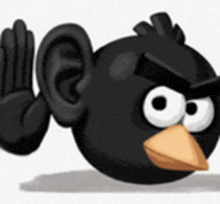 a black angry bird with a yellow beak is waving its hand