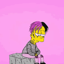 bart simpson with pink hair and black hair is sitting on a rock .