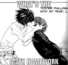 a black and white drawing of two boys kissing with the caption " what 's the math homework "