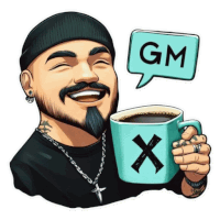 a cartoon of a man holding a cup of coffee with a speech bubble that says gm