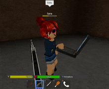 a girl with red hair is holding a laptop in a video game called sara