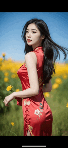 a woman in a red dress standing in a field of yellow flowers