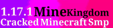 1.17.1 minekingdom cracked minecraft smp is written in black on a pink and purple background